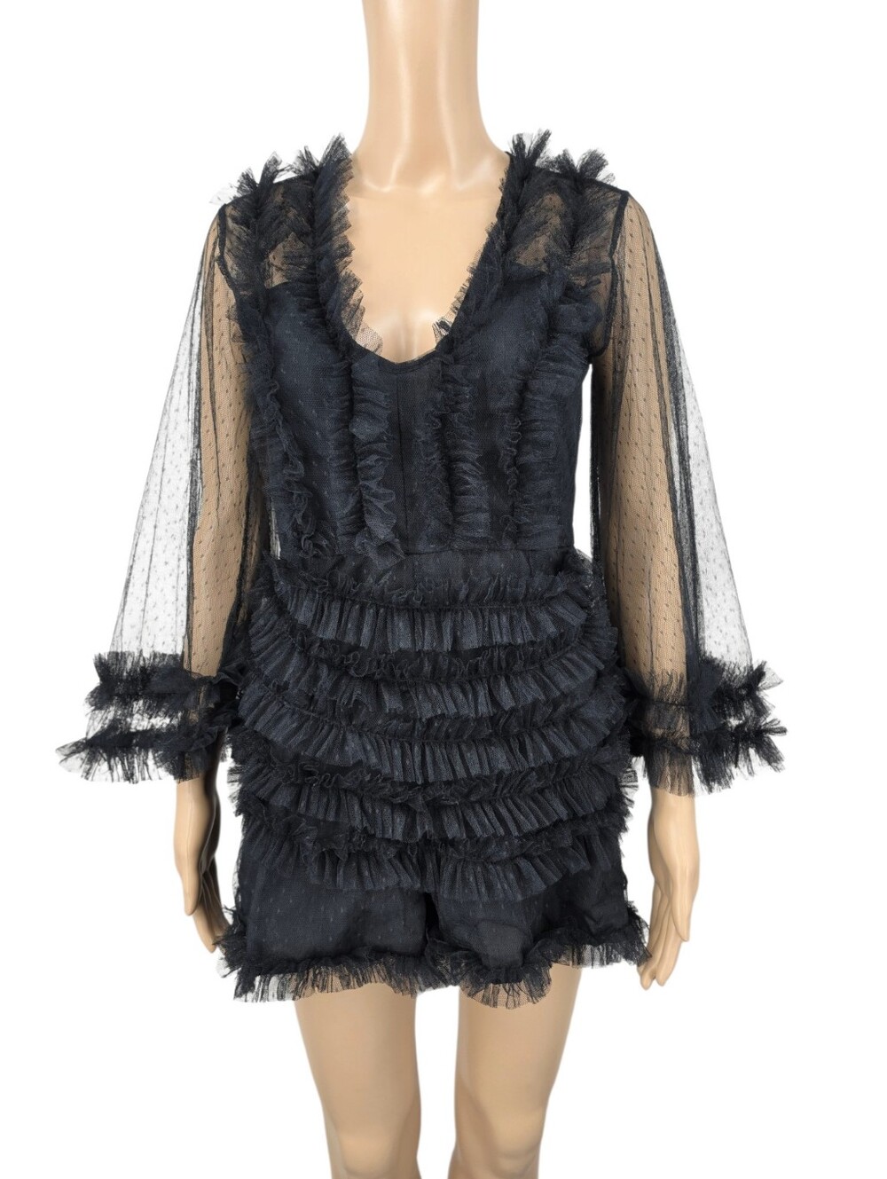 Beulah Black Mesh Ruffle Romper Long Sheer Bell Sleeves Swiss Dot NEW Whimsigoth